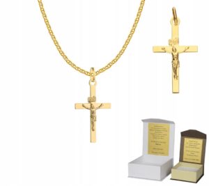 Złoty łańcuszek pr. 585 KRZYŻYK KRZYŻ 50 cm DEDYKACJA Chrzest Komunia GZ1KZ2