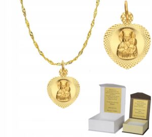Złoty łańcuszek pr. 585 medalik MATKA BOSKA SERCE 50 cm DEDYKACJA Chrzest Komunia  SZ1MZ3