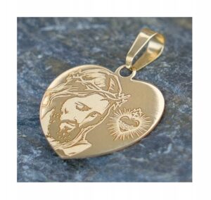 Złoty medalik Jezus z Gorejącym Sercem pr. 585 Komunia Chrzest GRAWER