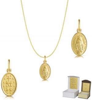 Złoty łańcuszek pr. 585 Cudowny Medalik Matka Boska 50 cm DEDYKACJA Chrzest Komunia GZ1MZ7